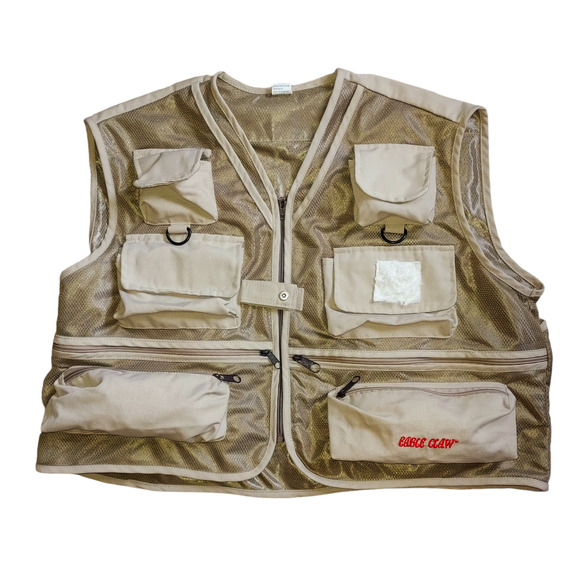 Eagle Claw Deluxe Beige Utility Fly Fishing Vest 10 Pockets Adjustable Zip XL - Picture 1 of 8